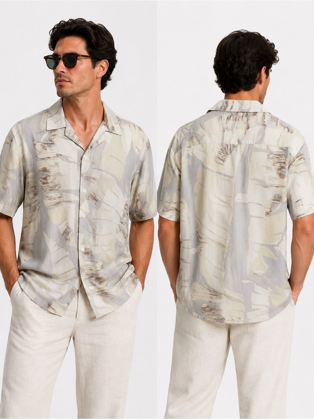 Cactus Men's Short-Sleeve Button-Down Shirt in Light Beige and Gray Leaf Print